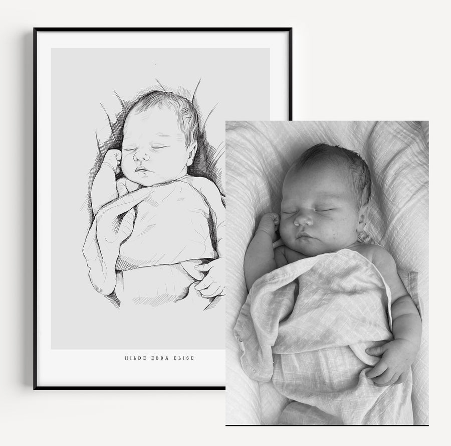 Exempel på mindre handritad födelsetavla, före och efter färdigställande / Example of a small hand-drawn birth poster, before and after completion