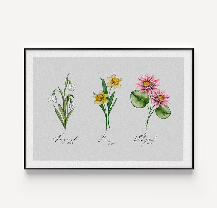 Custom sibling birth flower poster with hand-painted flowers, each child’s name and birth year, personalized family artwork