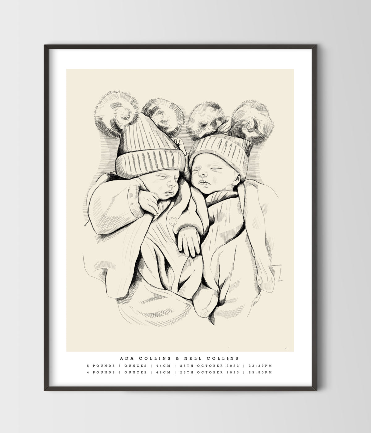 Hand-Drawn Birth Poster – Twins & Triplets