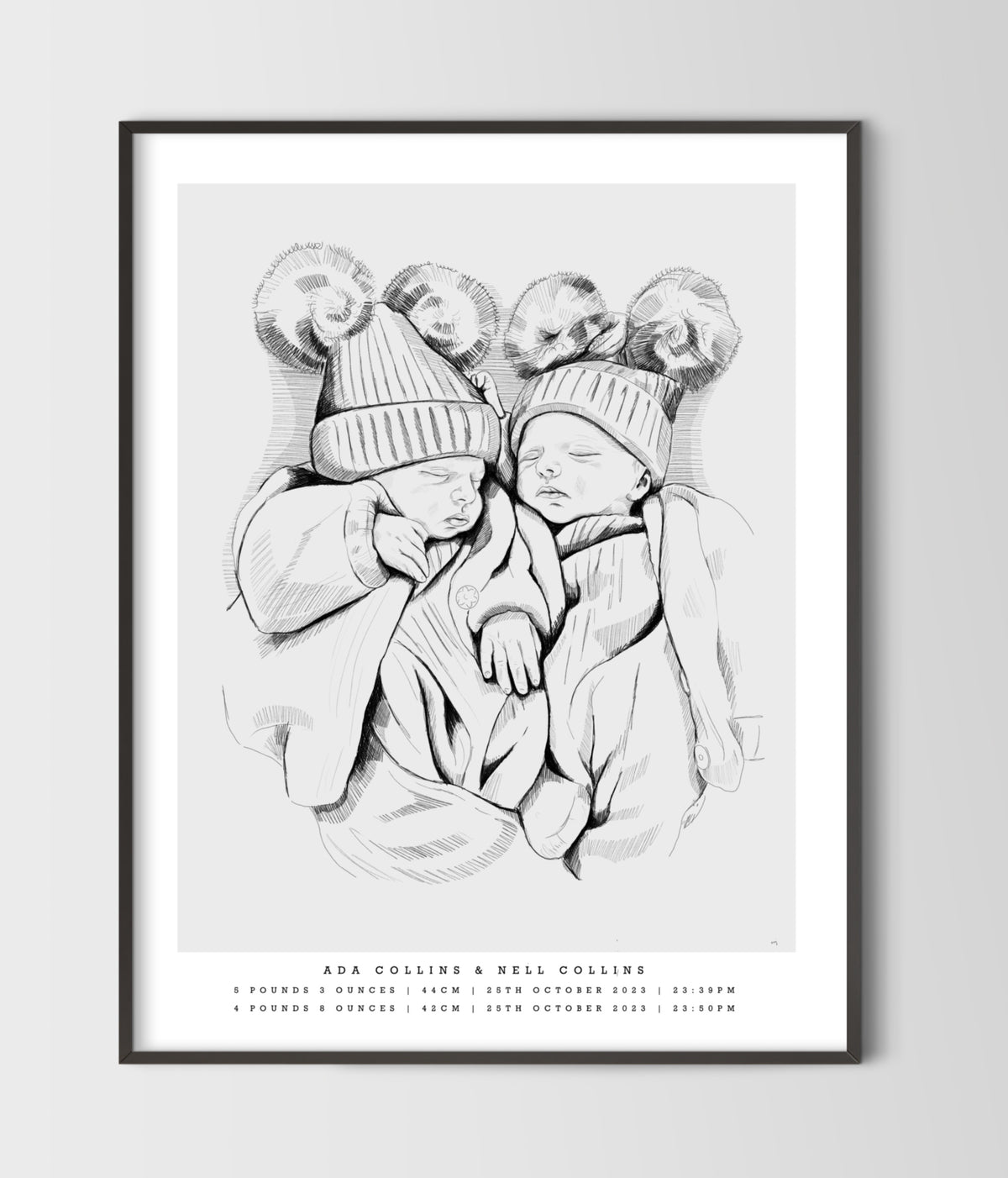 Hand-Drawn Birth Poster – Twins & Triplets