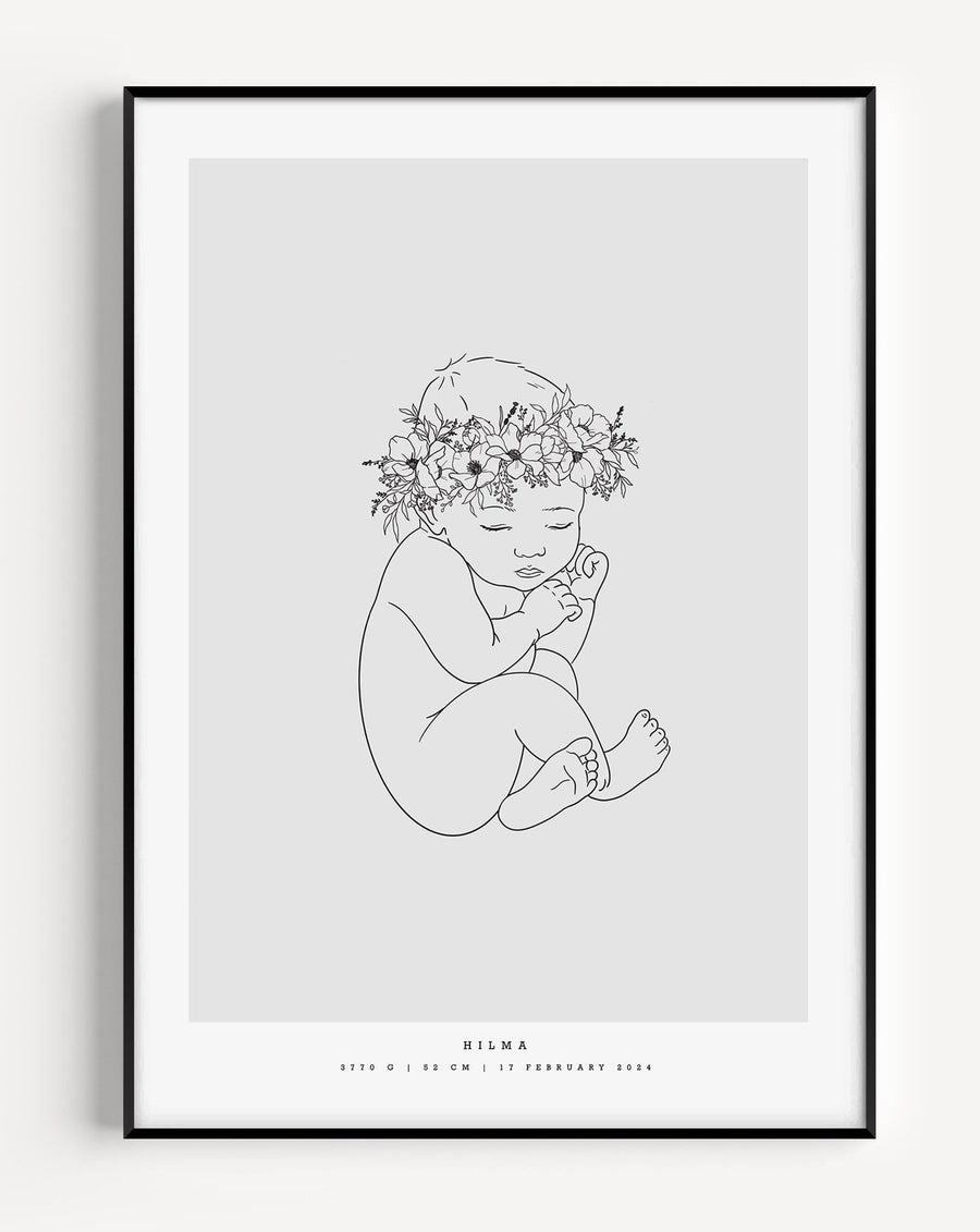 Minimalist birth poster with a floral illustration in 1:1 scale – minimalistisk födelsetavla med blomkrans
