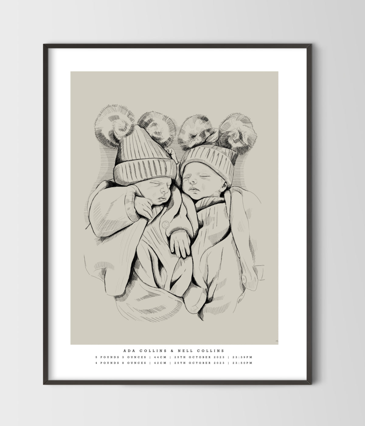 Hand-Drawn Birth Poster – Twins & Triplets