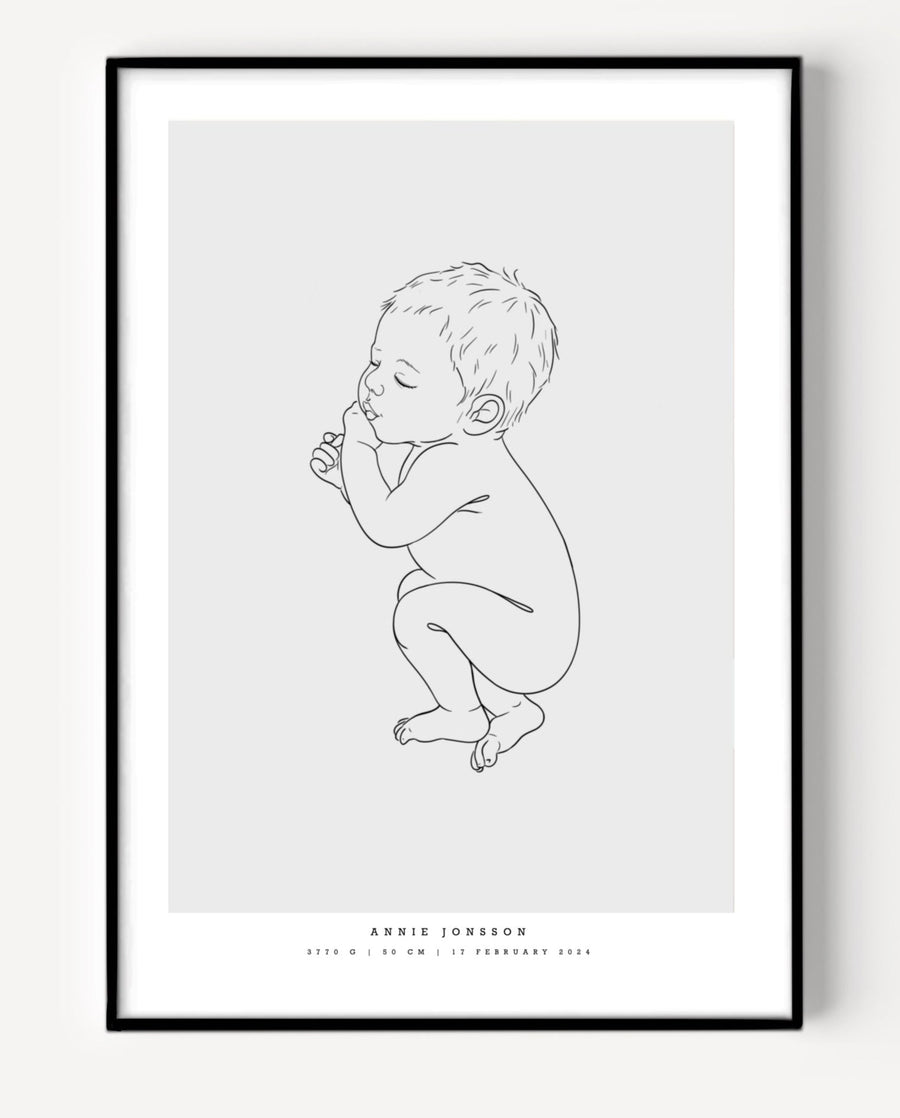 Illustration of a little one lying on the side, on a birth poster