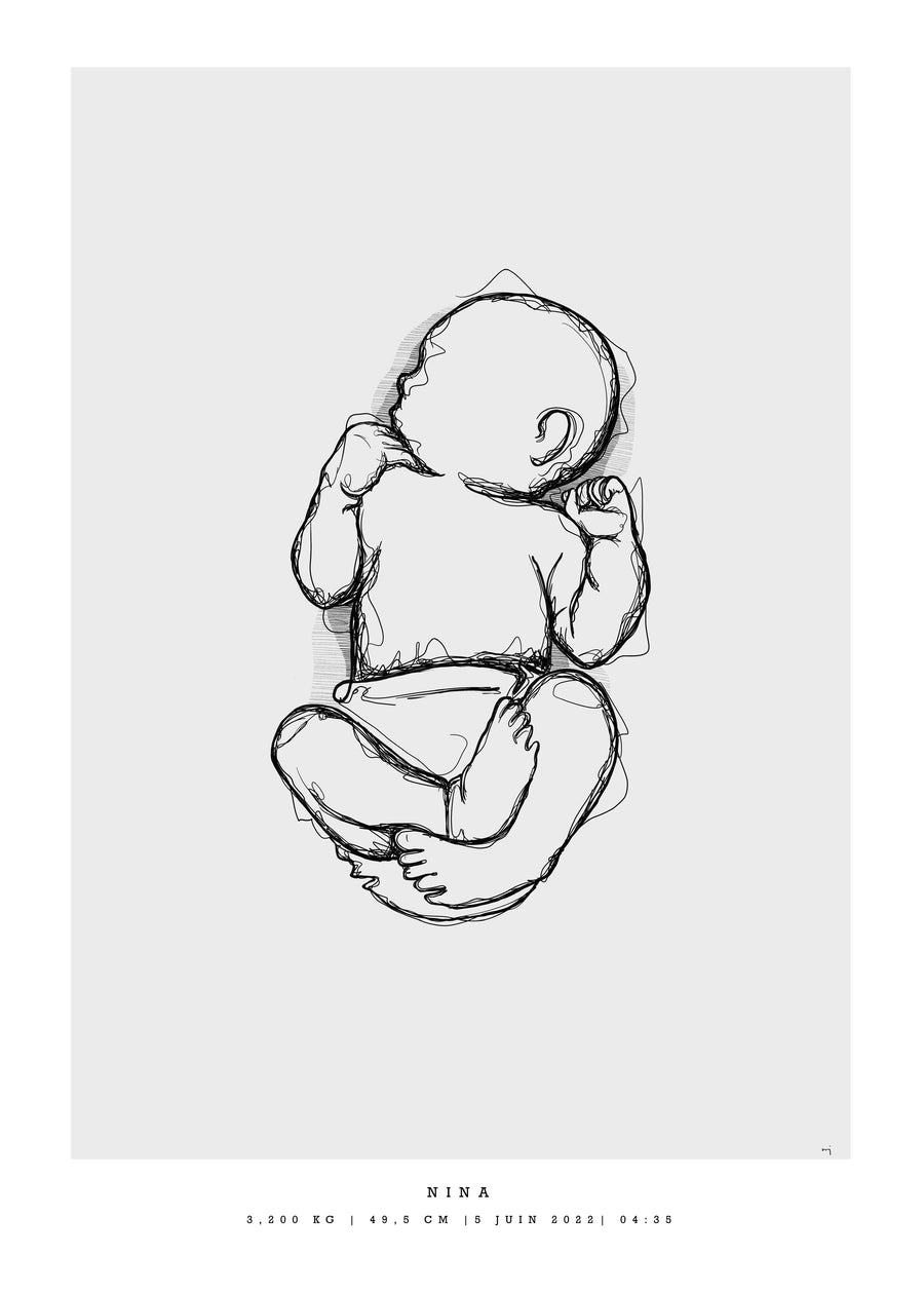 Minimalist birth poster illustration in 1:1 scale – minimalistisk födelsetavla