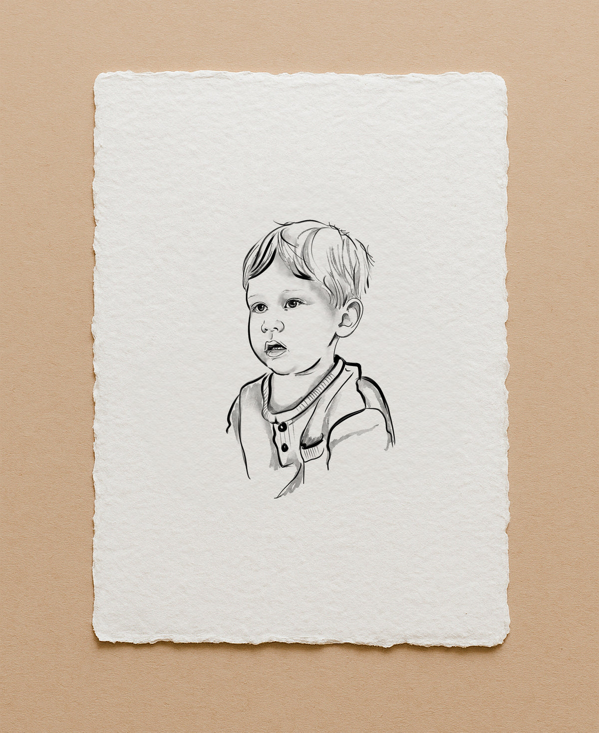 Handmade cotton paper featuring a personalized portrait with fine details and natural texture.