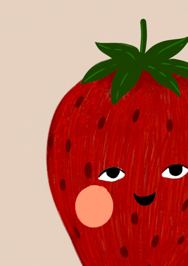 Close-up of smiling strawberry character showing hand-drawn texture and soft color details – whimsical wall art for the kids' room