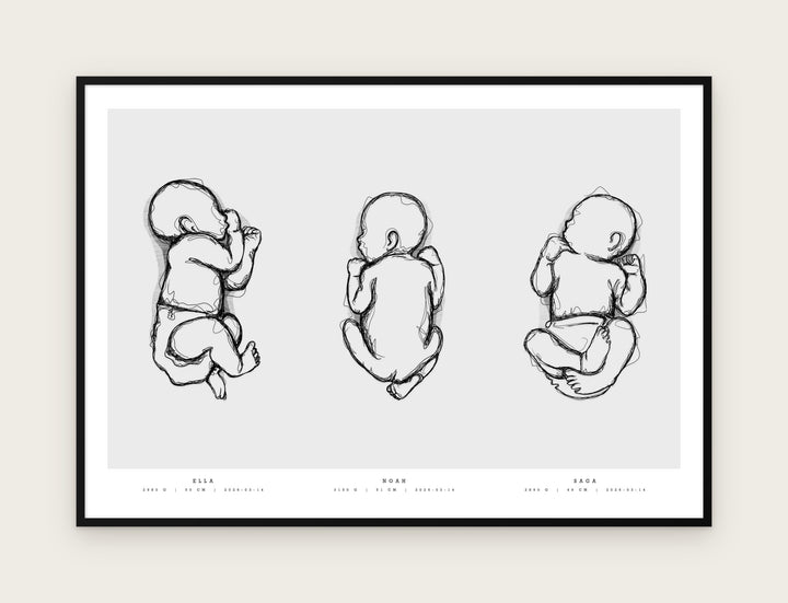Triplet birth poster, Lines design: three sleeping babies drawn with sketched pencil lines, names below, in a black frame