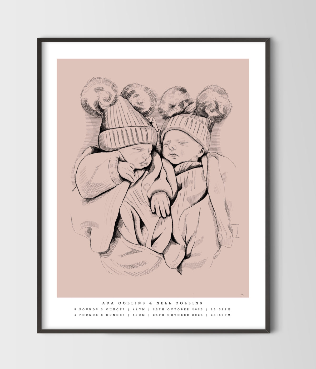 Hand-Drawn Birth Poster – Twins & Triplets