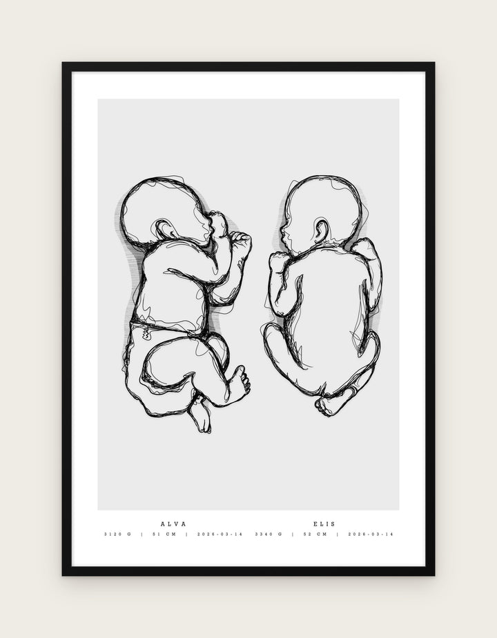 Twin birth poster, Lines design: two sleeping babies drawn with sketched pencil lines, names below, in a black frame