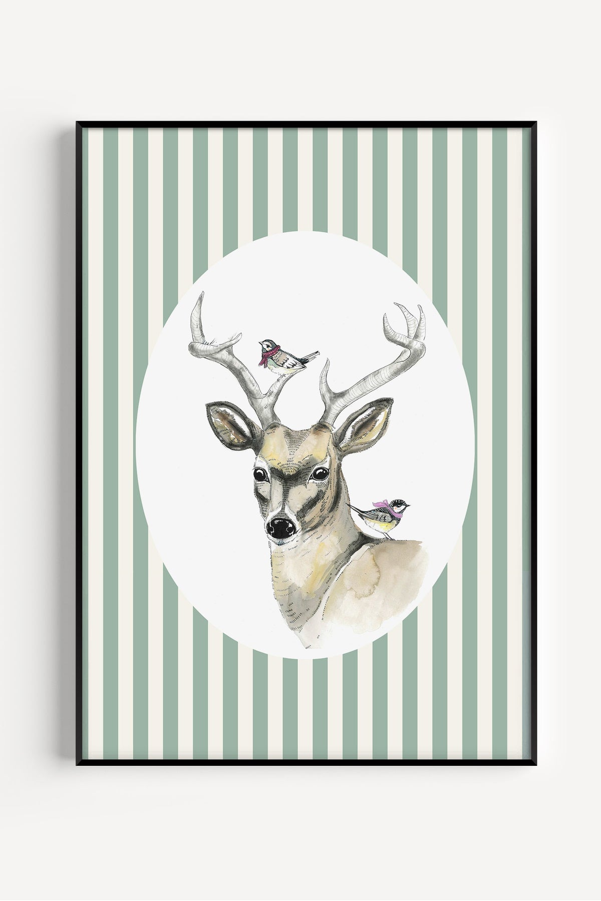 Watercolor deer illustration on striped background – evergreen-inspired poster, timeless wall art for Scandinavian homes